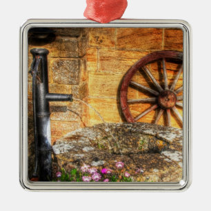 Rustic Pump, Well and Cartwheel scene Metal Tree Decoration