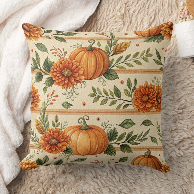 Rustic Pumpkin and Chrysanthemum Autumn Pattern Cushion (Blanket)