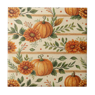 Rustic Pumpkin and Chrysanthemum Autumn Pattern Tile
