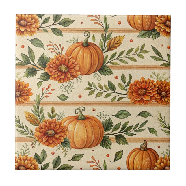 Rustic Pumpkin and Chrysanthemum Autumn Pattern Tile (Front)