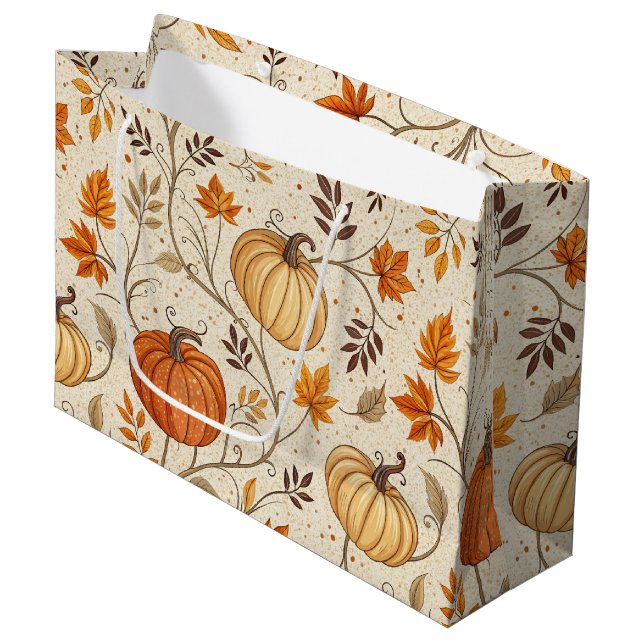 Rustic Pumpkin and Fall Foliage Pattern Large Gift Bag (Front Angled)
