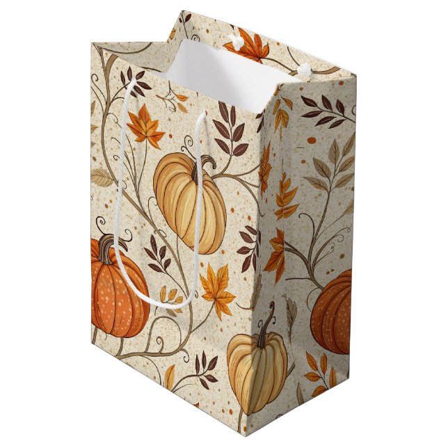 Rustic Pumpkin and Fall Foliage Pattern Medium Gift Bag (Front Angled)