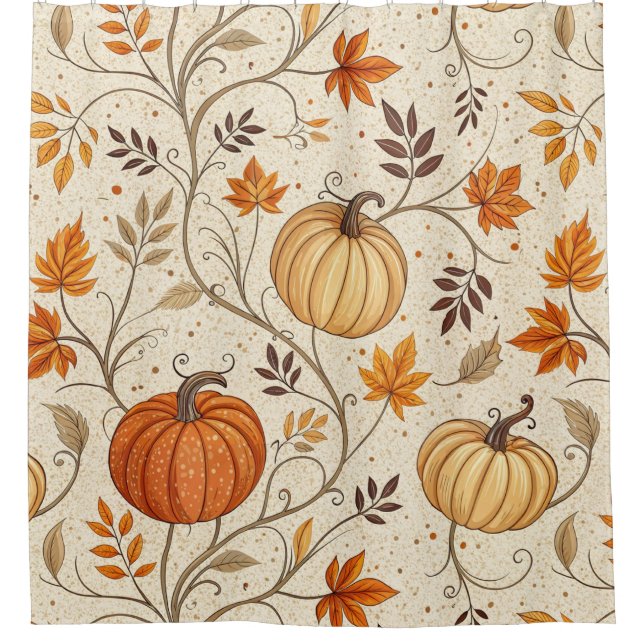 Rustic Pumpkin and Fall Foliage Pattern Shower Curtain (Front)