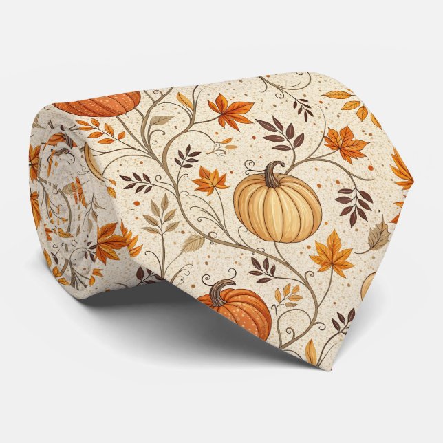 Rustic Pumpkin and Fall Foliage Pattern Tie (Rolled)