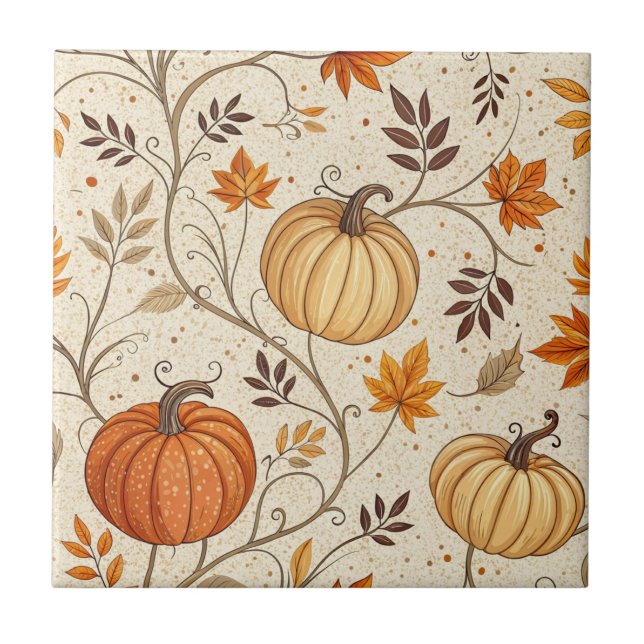 Rustic Pumpkin and Fall Foliage Pattern Tile (Front)
