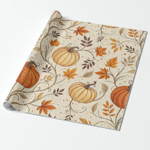 Rustic Pumpkin and Fall Foliage Pattern Wrapping Paper