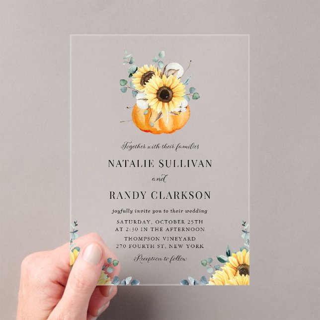 Rustic Pumpkin and Sunflowers Fall Wedding  Acrylic Invitations (Insitu (Handheld))
