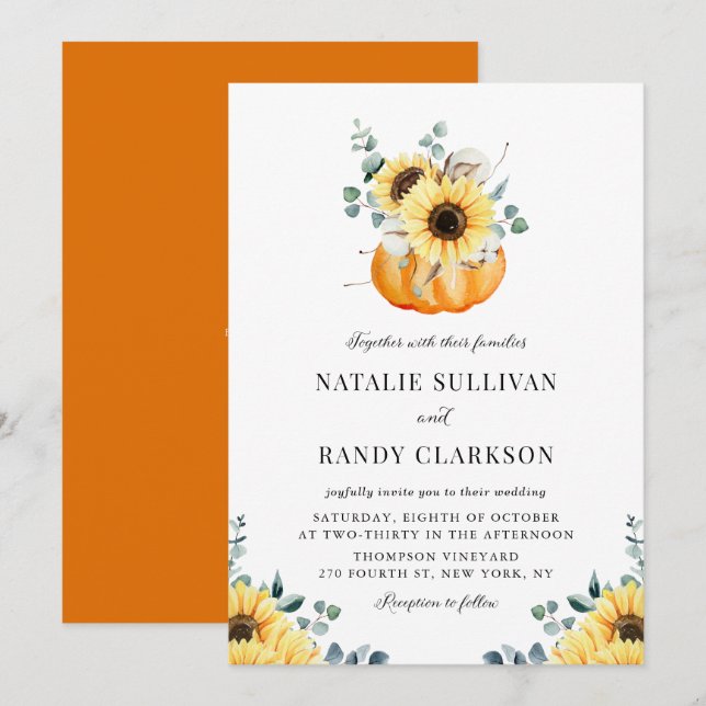 Rustic Pumpkin and Sunflowers Fall Wedding Invitation (Front/Back)