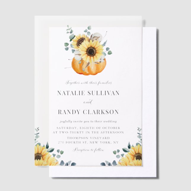 Rustic Pumpkin and Sunflowers Fall Wedding Vellum Invitations (Offset)