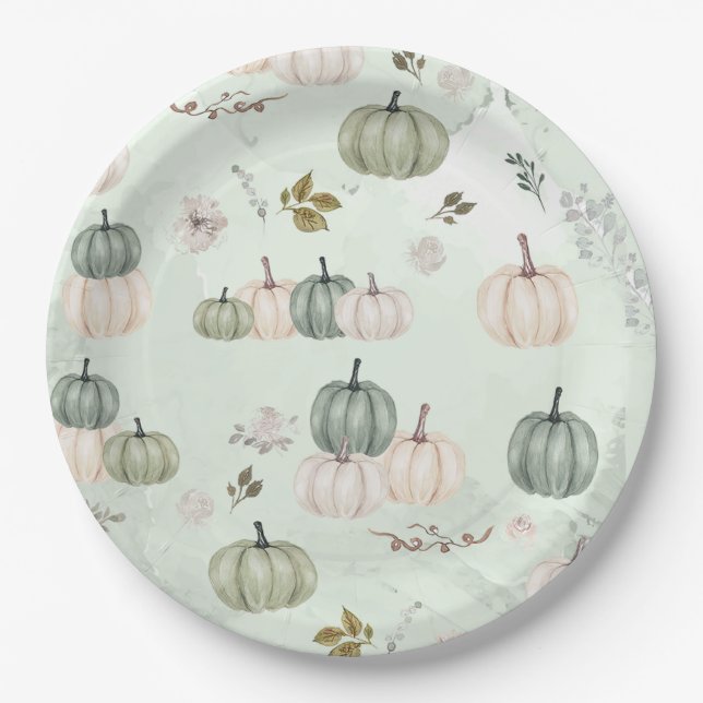 Rustic Pumpkin Autumn Fall Sage Paper Plates (Front)