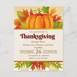 Rustic Pumpkin, Autumn Leaves Thanksgiving Dinner Postcard