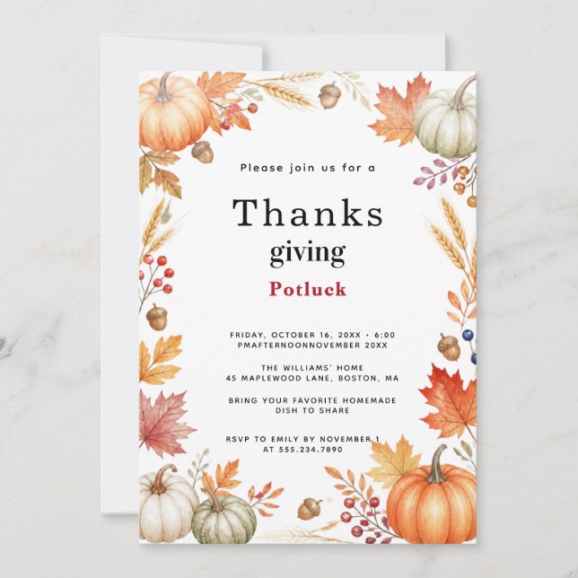 Rustic Pumpkin Autumn Thanksgiving Potluck  Invitation (Front)