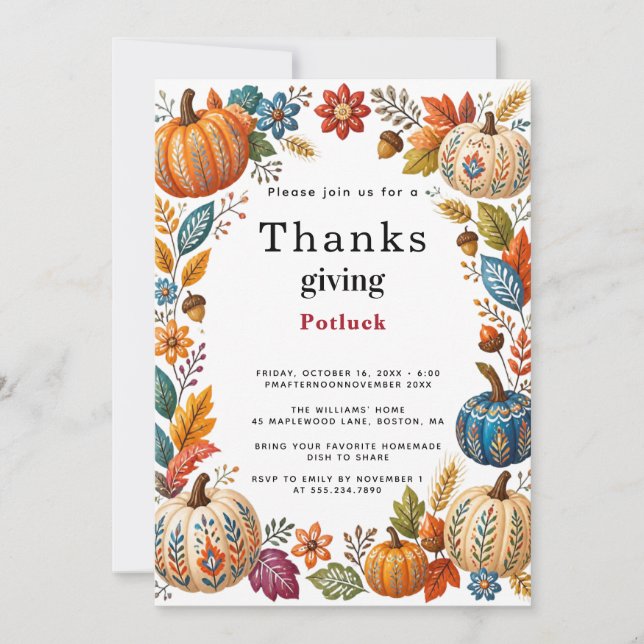 Rustic Pumpkin Autumn Thanksgiving Potluck  Invitation (Front)