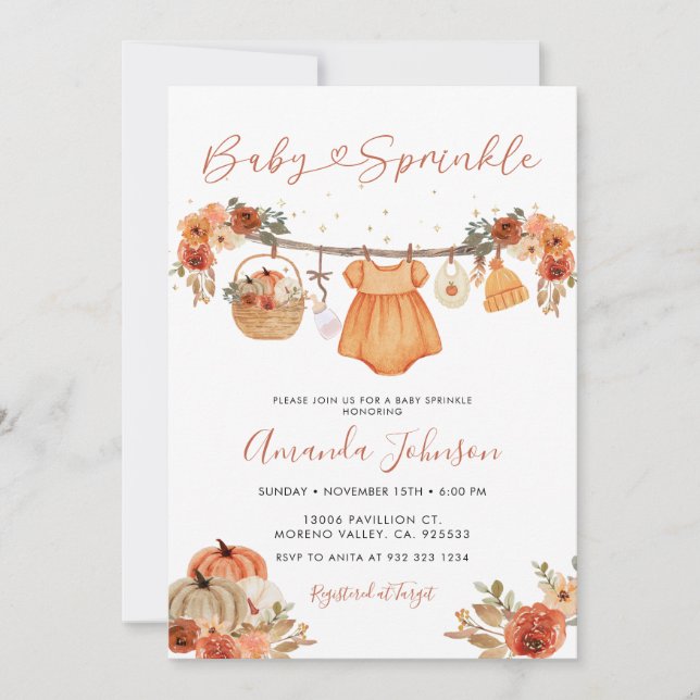  Rustic Pumpkin Baby Clothes Baby Sprinkle Invitation (Front)