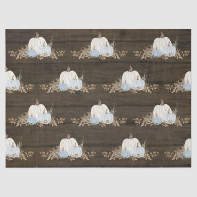 Rustic Pumpkin Barn Wood Blue n White Fall Leaves Tissue Paper (Front)