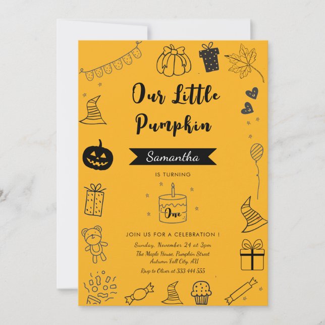 Rustic Pumpkin  Birthday Party Invitation Doodle (Front)