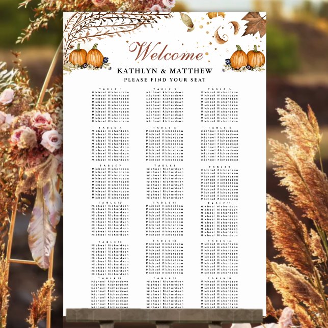 Rustic Pumpkin Botanical Wedding 18 Table Seating Poster (Creator Uploaded)