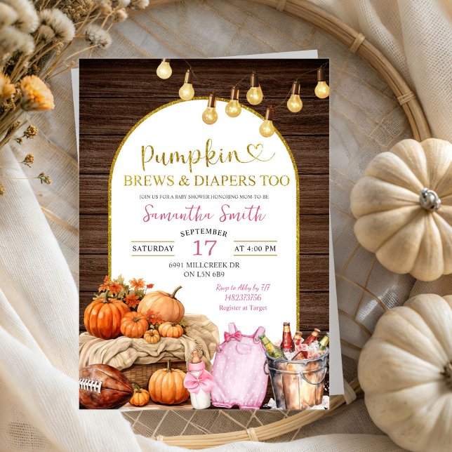 Rustic Pumpkin Brews & Diapers Girl Baby Shower Invitation (Creator Uploaded)