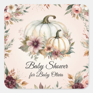 Rustic Pumpkin Burgundy Fall Floral Baby Shower Square Sticker