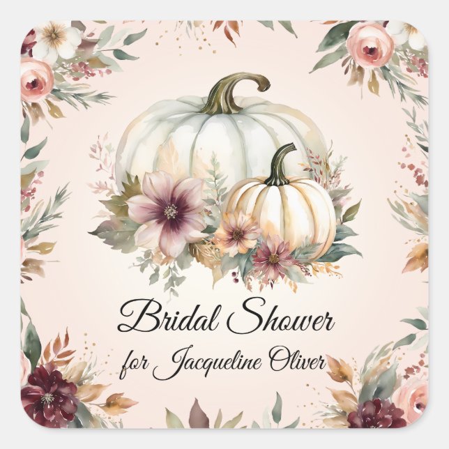 Rustic Pumpkin Burgundy Fall Floral Bridal Shower Square Sticker (Front)