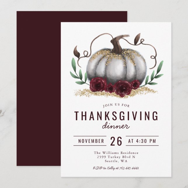 Rustic Pumpkin Burgundy Gold Thanksgiving Dinner Invitation (Front/Back)