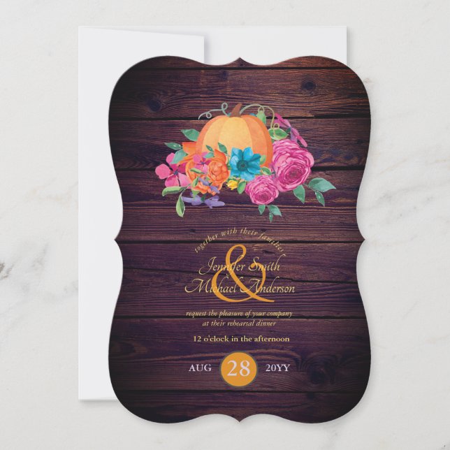 Rustic Pumpkin Couples Fall Watercolor Flowers Invitation (Front)