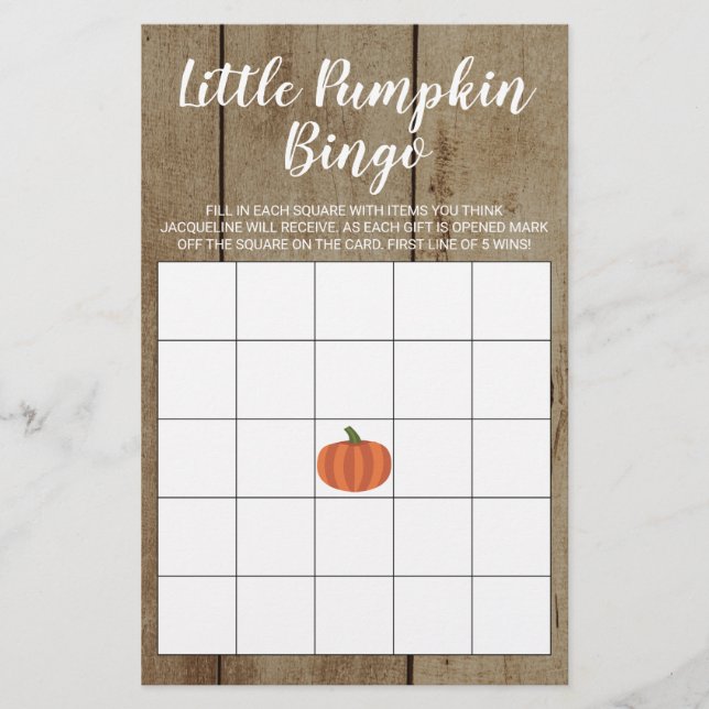 Rustic Pumpkin Fall Baby Shower Gift Bingo Card (Front)