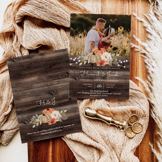 Rustic Pumpkin Fall Barn Wood Wedding Invitation (Creator Uploaded)