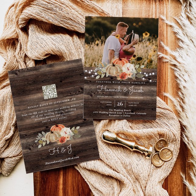 Rustic Pumpkin Fall Barn Wood Wedding QR Code Invitation (Creator Uploaded)