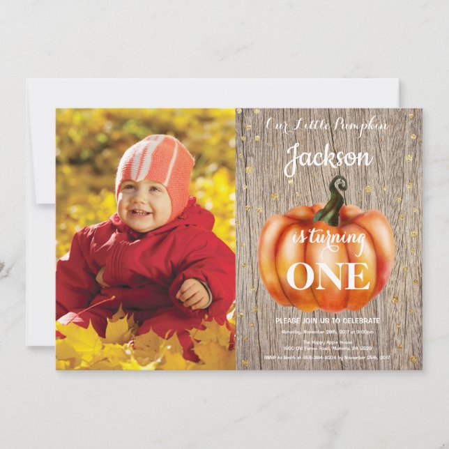Rustic Pumpkin Fall Birthday Invitation Gold (Front)