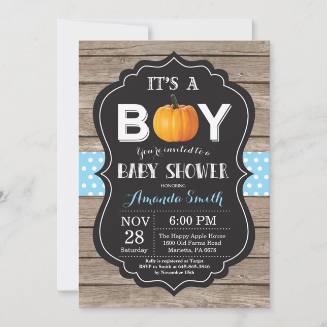 Rustic Pumpkin Fall Blue Baby Shower Invitation (Front)