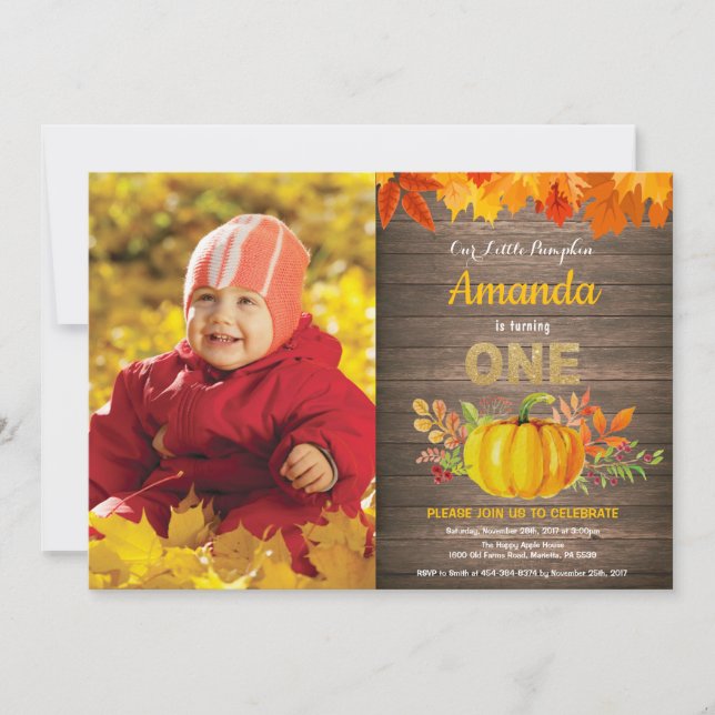 Rustic Pumpkin Fall First Birthday Gold Invitation (Front)