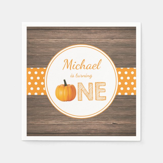 Rustic Pumpkin Fall First Birthday Party Orange Napkin (Front)
