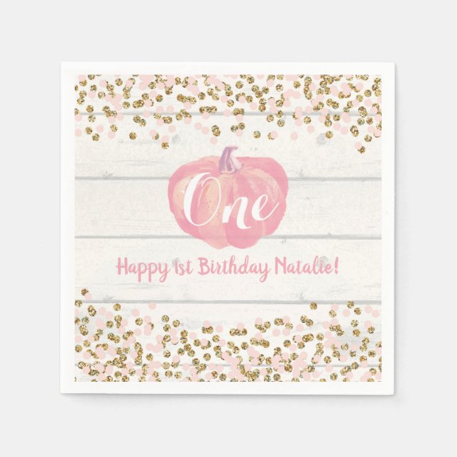 Rustic Pumpkin Fall First Birthday Party Pink Napkin (Front)