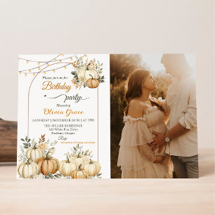 Rustic Pumpkin Fall Floral Birthday Party Photo Invitation