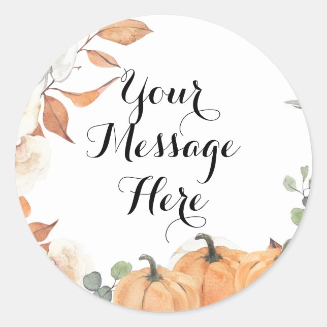 Rustic Pumpkin Fall in Love Your Message Here Classic Round Sticker (Front)