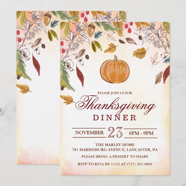 Rustic Pumpkin Fall Thanksgiving Dinner Invitation (Front/Back)