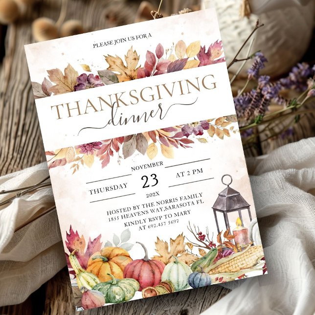 Rustic Pumpkin Fall Watercolor Thanksgiving Dinner Invitation (Creator Uploaded)
