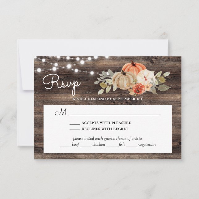 Rustic Pumpkin Fall Wood Wedding With Meal Choice RSVP Card (Front)