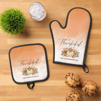 Rustic Pumpkin Family Name Thanksgiving Orange Oven Mitt & Pot Holder Set