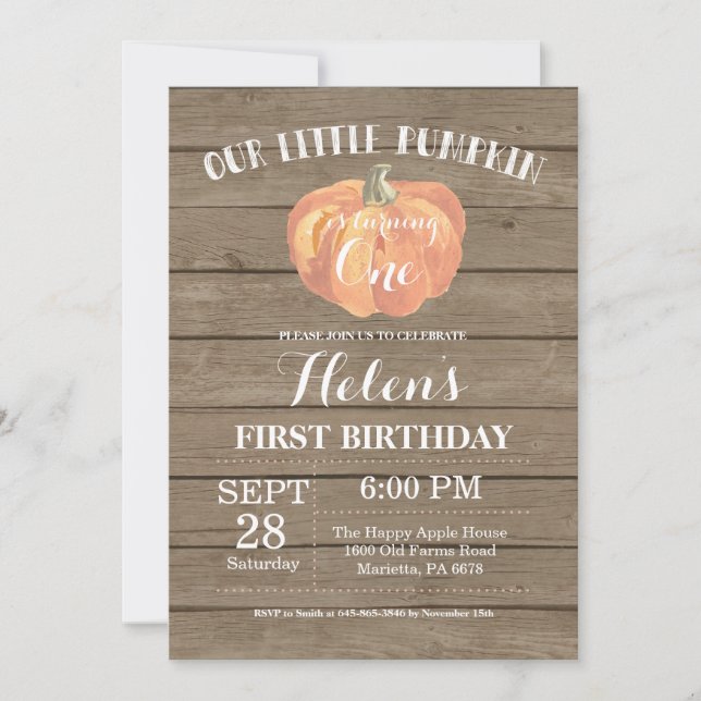 Rustic Pumpkin First Birthday Invitation (Front)