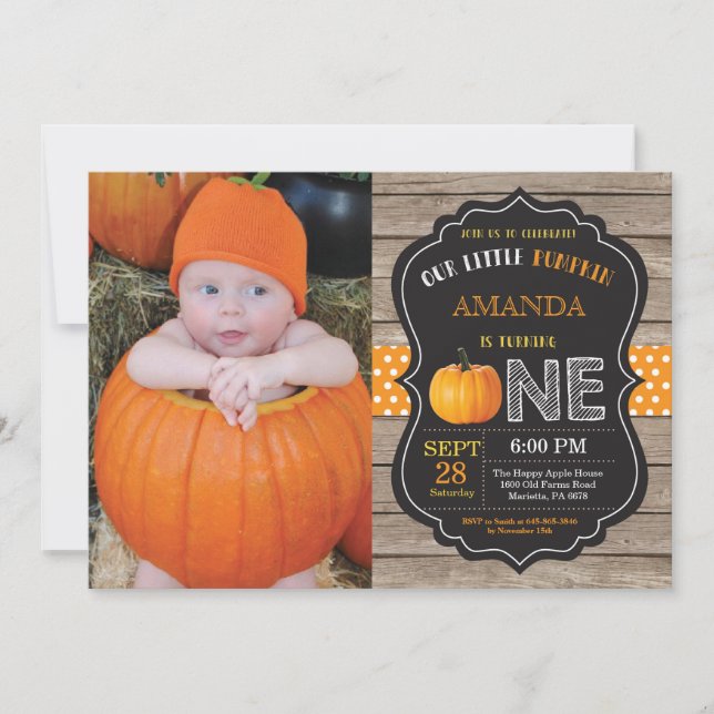 Rustic Pumpkin First Birthday Invitation Orange (Front)