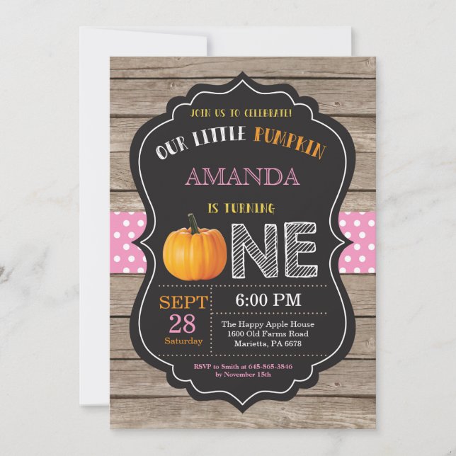 Rustic Pumpkin First Birthday Invitation Pink (Front)