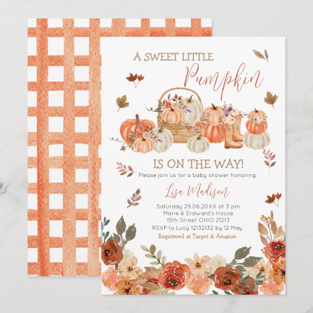Rustic Pumpkin Floral Baby Shower Fall leaves Invitation (Front/Back)