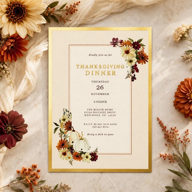 Rustic Pumpkin Floral Elegant Thanksgiving Dinner (Rustic Pumpkin Floral Elegant Thanksgiving Dinner Foil Invitation)