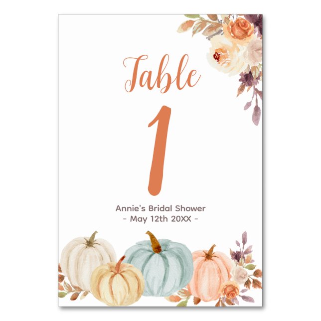 Rustic Pumpkin Floral Modern Table Number (Front)