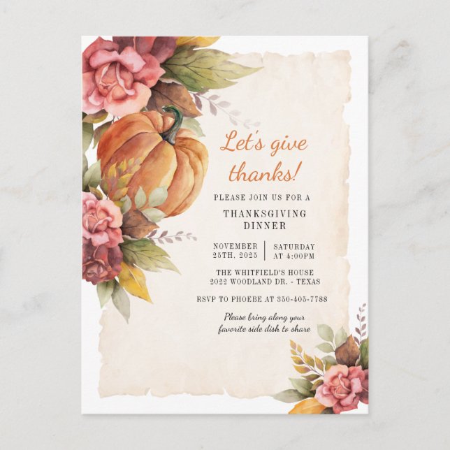 Rustic Pumpkin Floral Thanksgiving Invitation Postcard (Front)
