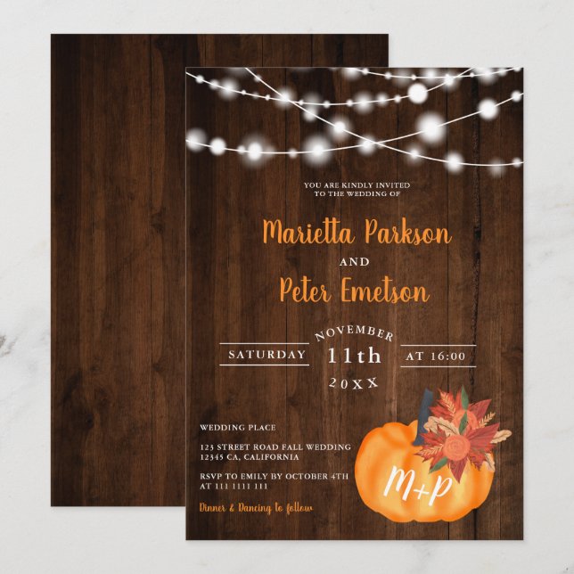 Rustic pumpkin floral wood lights fall wedding invitation (Front/Back)