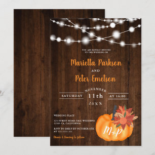 Rustic pumpkin floral wood lights fall wedding invitation