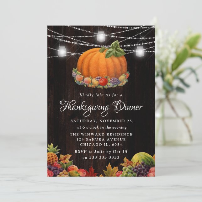 Rustic Pumpkin & Fruit Thanksgiving Dinner Invitation (Standing Front)